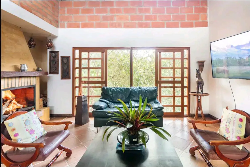 Sala con chimenea y vista al bosque